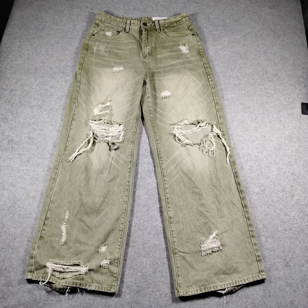 Elysian Distressed Wide Leg Jeans Olive Green Acid Wash Mens 32x32 Streetwear